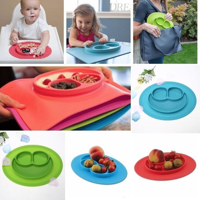 Colorful silicone baby placemats with built-in suction bowls, food-grade and non-slip design, perfect for infants and toddlers during mealtime.
