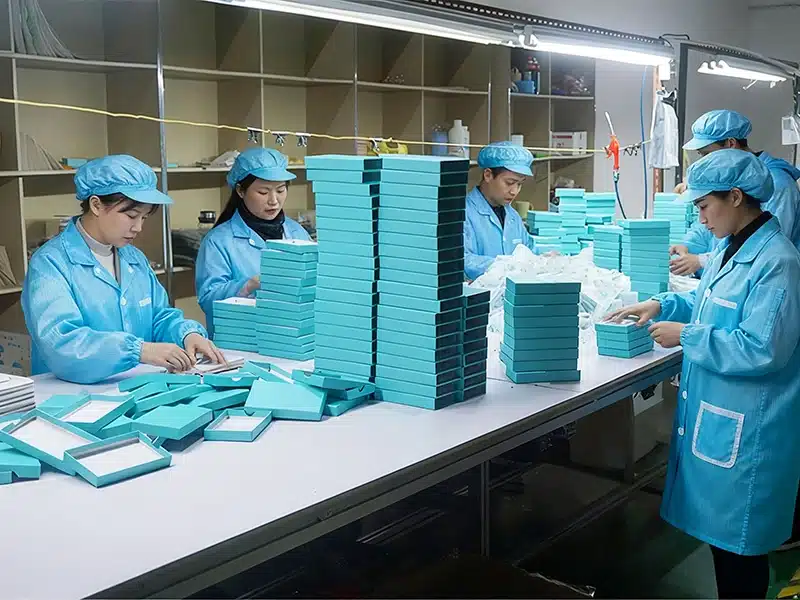 workers assembling custom silicone product packaging boxes in factory production line