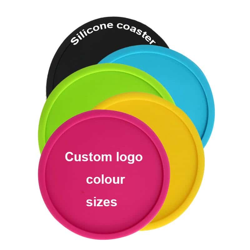 Custom silicone coasters in multiple colors featuring printed and embossed logos, showcasing logo and surface customization options