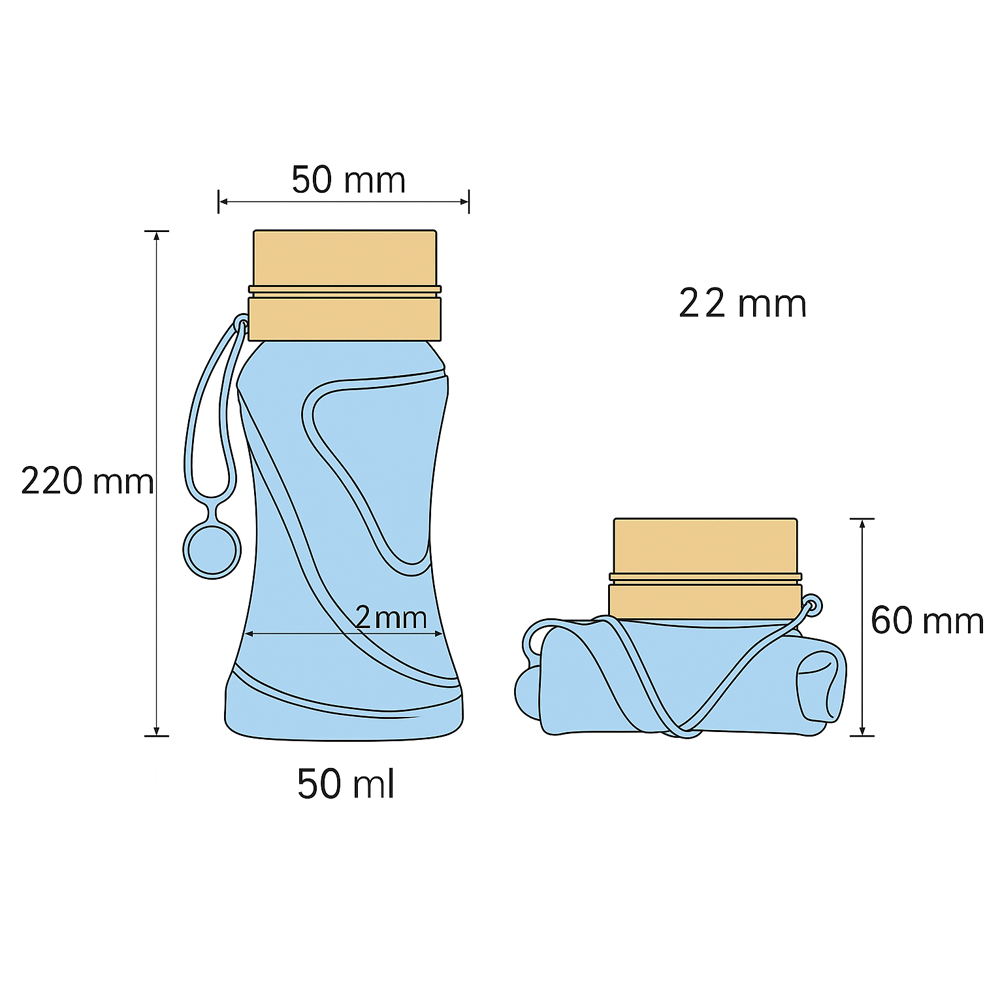 Technical drawing of a foldable silicone water bottle showing size dimensions, capacity, and rolled design.
