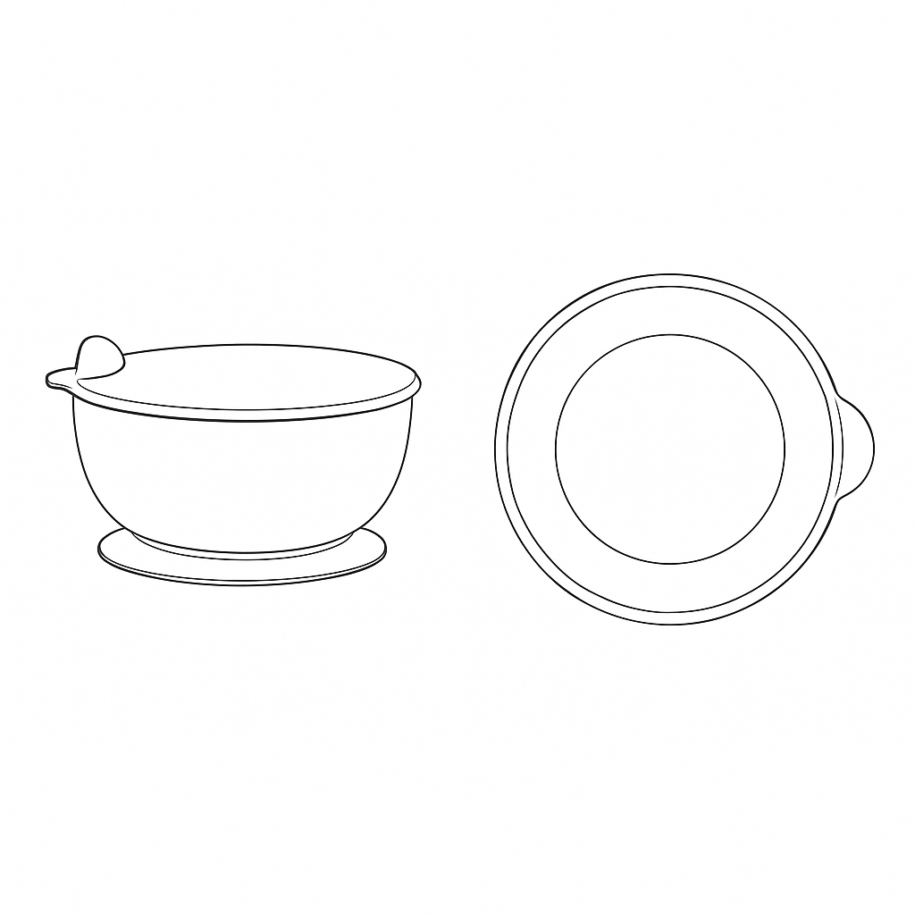 3D rendered custom silicone baby feeding bowl with suction base and lid in soft pastel colors