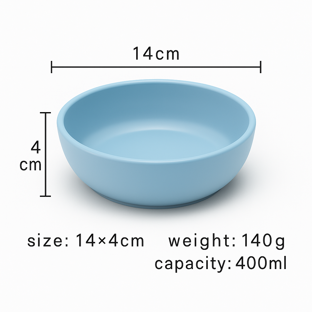 Custom silicone bowl in blue color, 14×4cm size, 400ml capacity, food-grade silicone material suitable for kitchen and baby use
