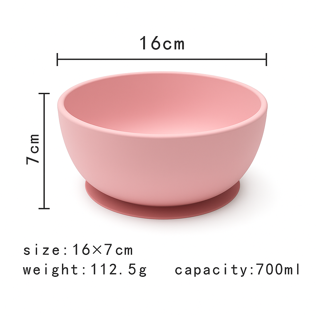 Custom silicone bowl in pink color, 16×7cm size, 700ml capacity, suction base design made from BPA-free silicone for OEM & ODM projects