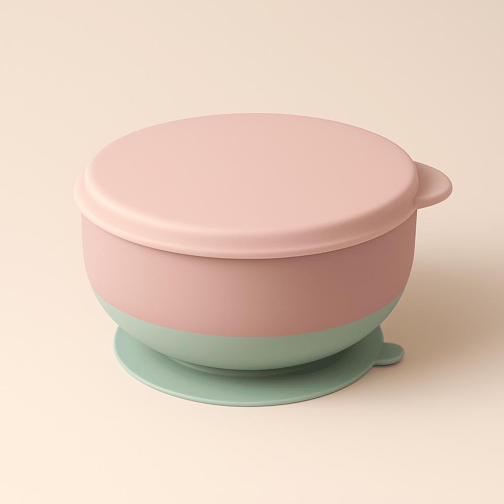 Technical drawing of a baby silicone feeding bowl showing side and top views with suction base and lid