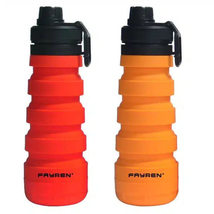 Two colorful collapsible silicone bottles made in China, showcasing OEM production quality and modern design.
