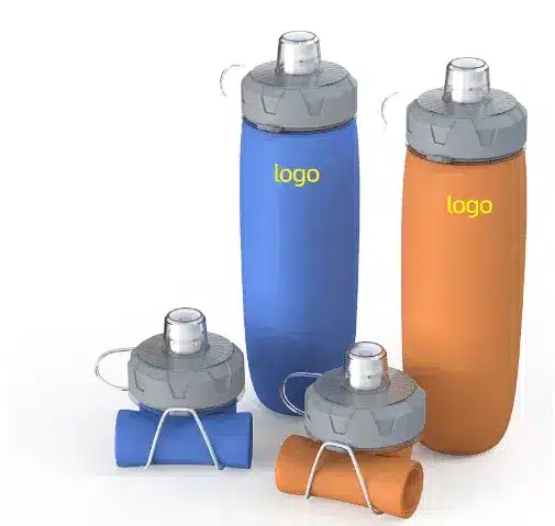 Orange and blue silicone bottles with printed logos showcasing OEM customization and portable manufacturing design.