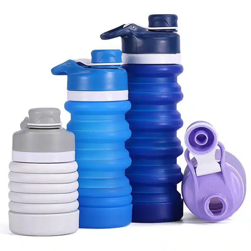 Blue and purple collapsible silicone bottles showcasing OEM manufacturing quality in China.
